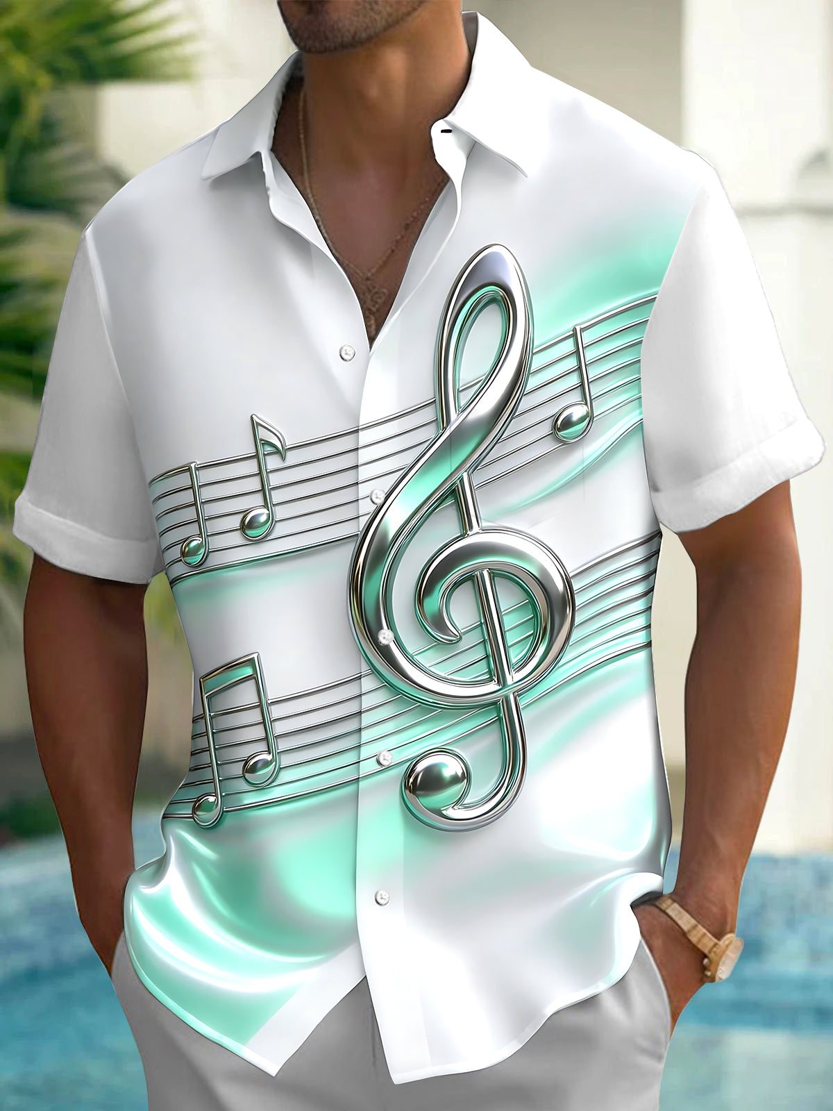 Oceanlyte Men's Short Sleeve Shirt - 3D Musical Notes And Treble Clef On Staff Print with Chest Pocket