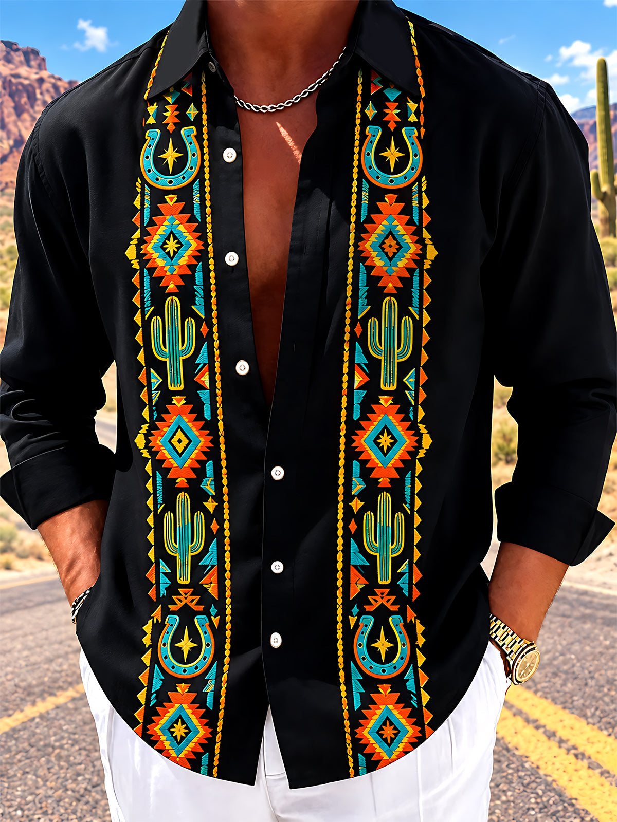 Oceanlyte Men's Cactus And Geometric Western Patterns Print Long Sleeve Shirt with Chest Pocket