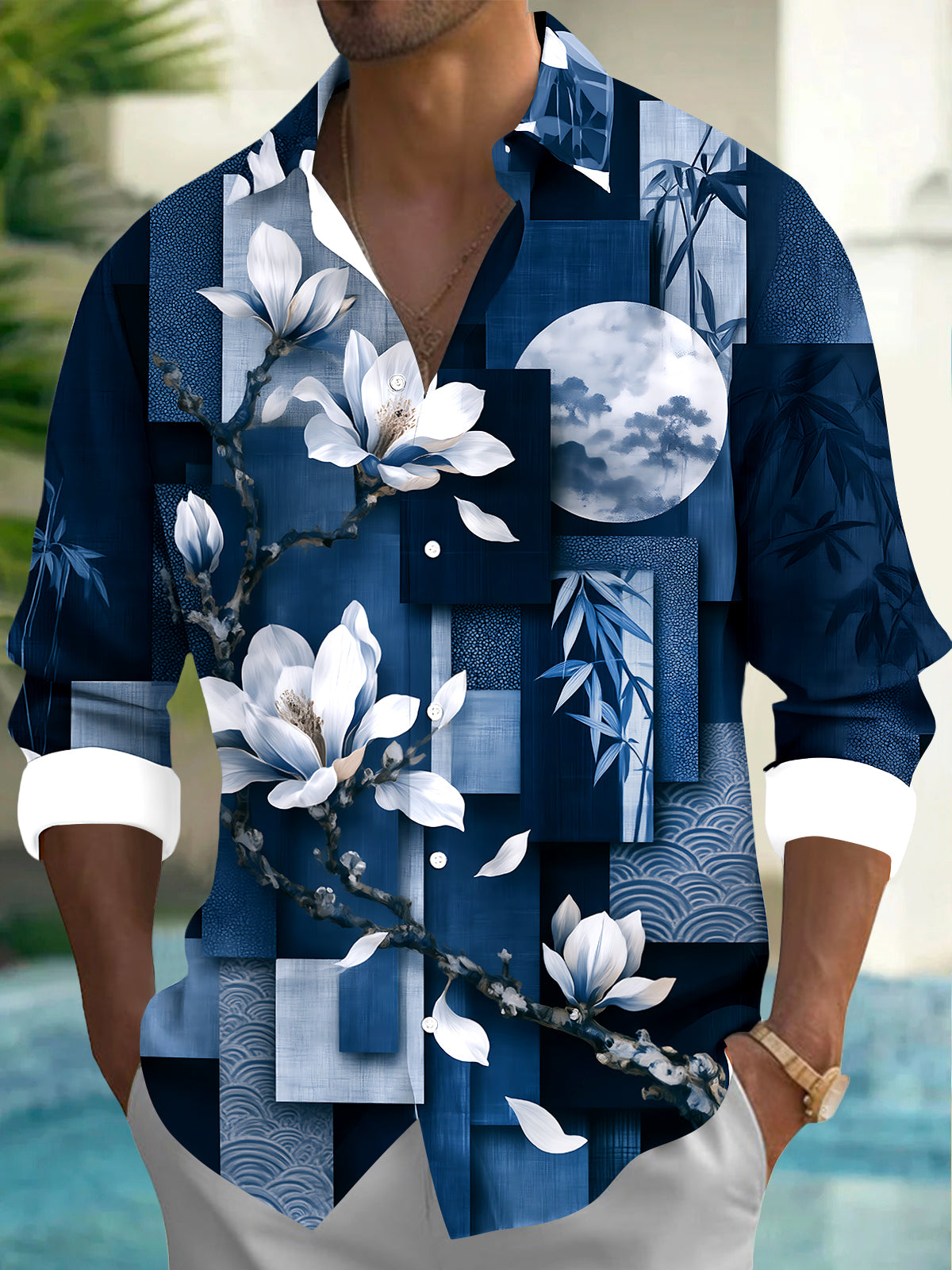 Oceanlyte Men's White Magnolia Flowers And Bamboo Leaves Print Long Sleeve Shirt with Chest Pocket