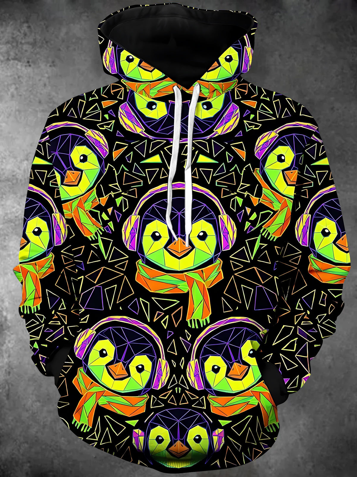 Oceanlyte Men's Long Sleeve Hoodie - Geometric Penguin Faces With Headphones And Scarves Print