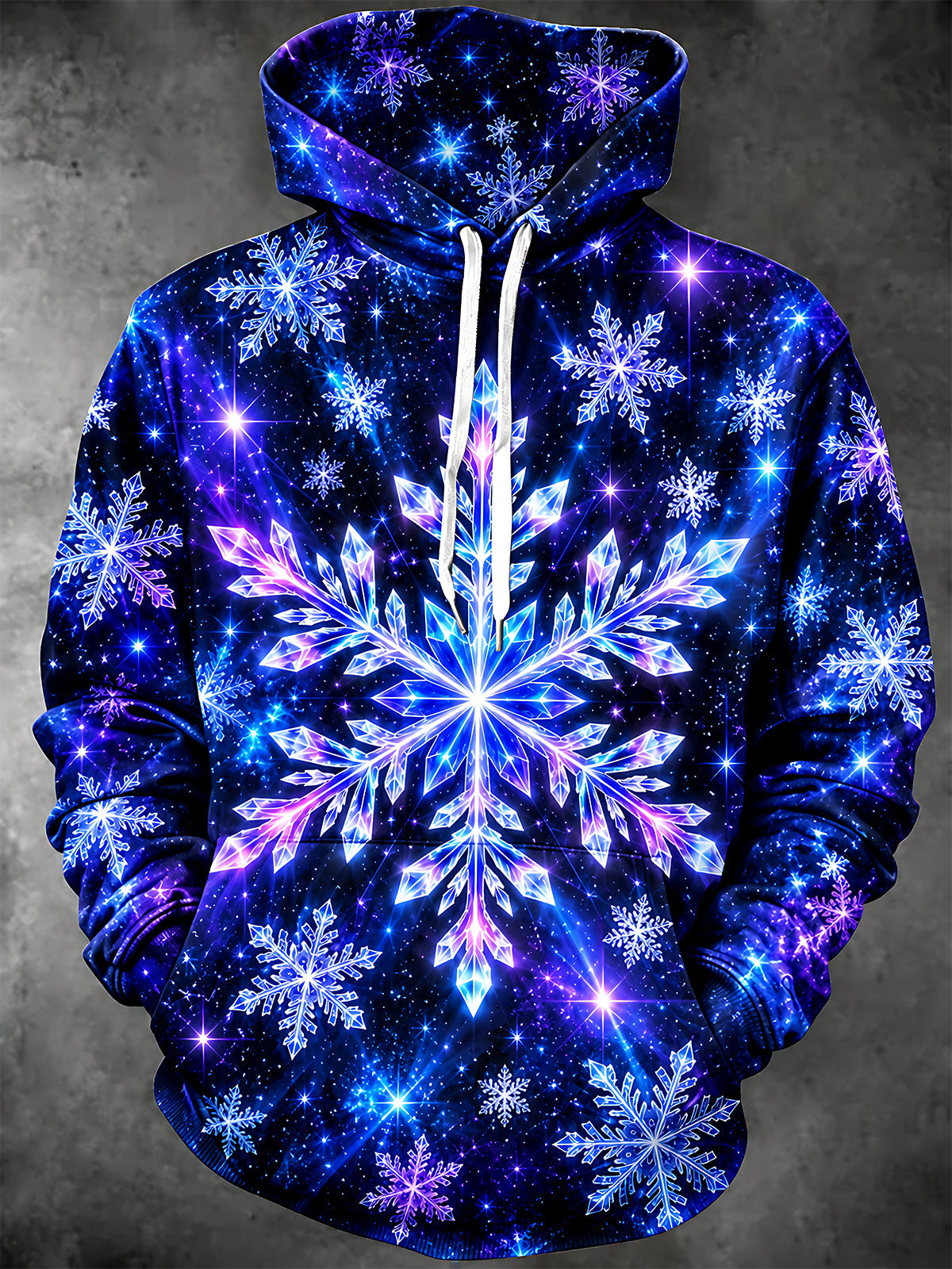 Oceanlyte Men's Long Sleeve Hoodie - Crystal Snowflakes And Starry Background Print