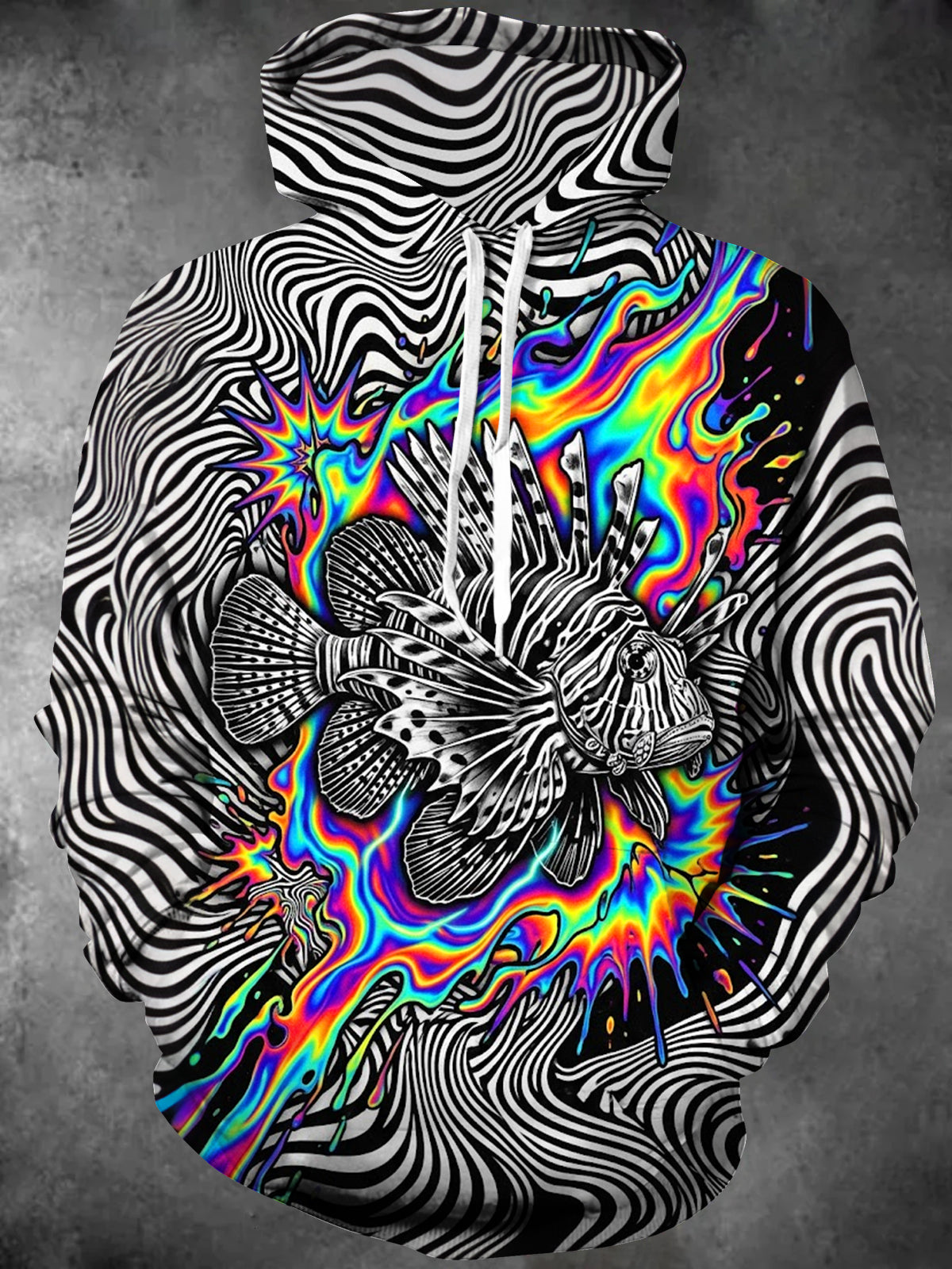Oceanlyte Men's Long Sleeve Hoodie - Lionfish With Psychedelic Rainbow Splash Print