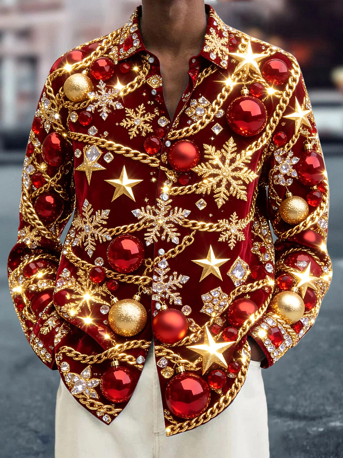 Oceanlyte Men's Christmas Ornaments And Snowflakes Print Long Sleeve Shirt with Chest Pocket