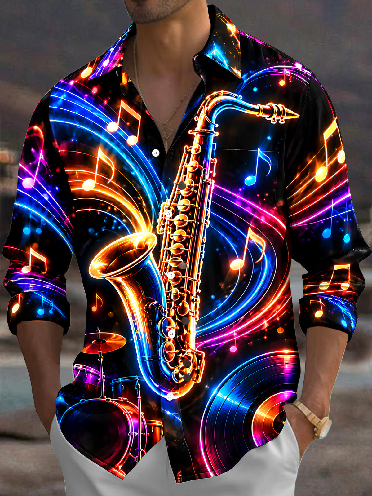 Oceanlyte Men's Graphic Neon Saxophone And Musical Notes Print Long Sleeve Shirt with Chest Pocket