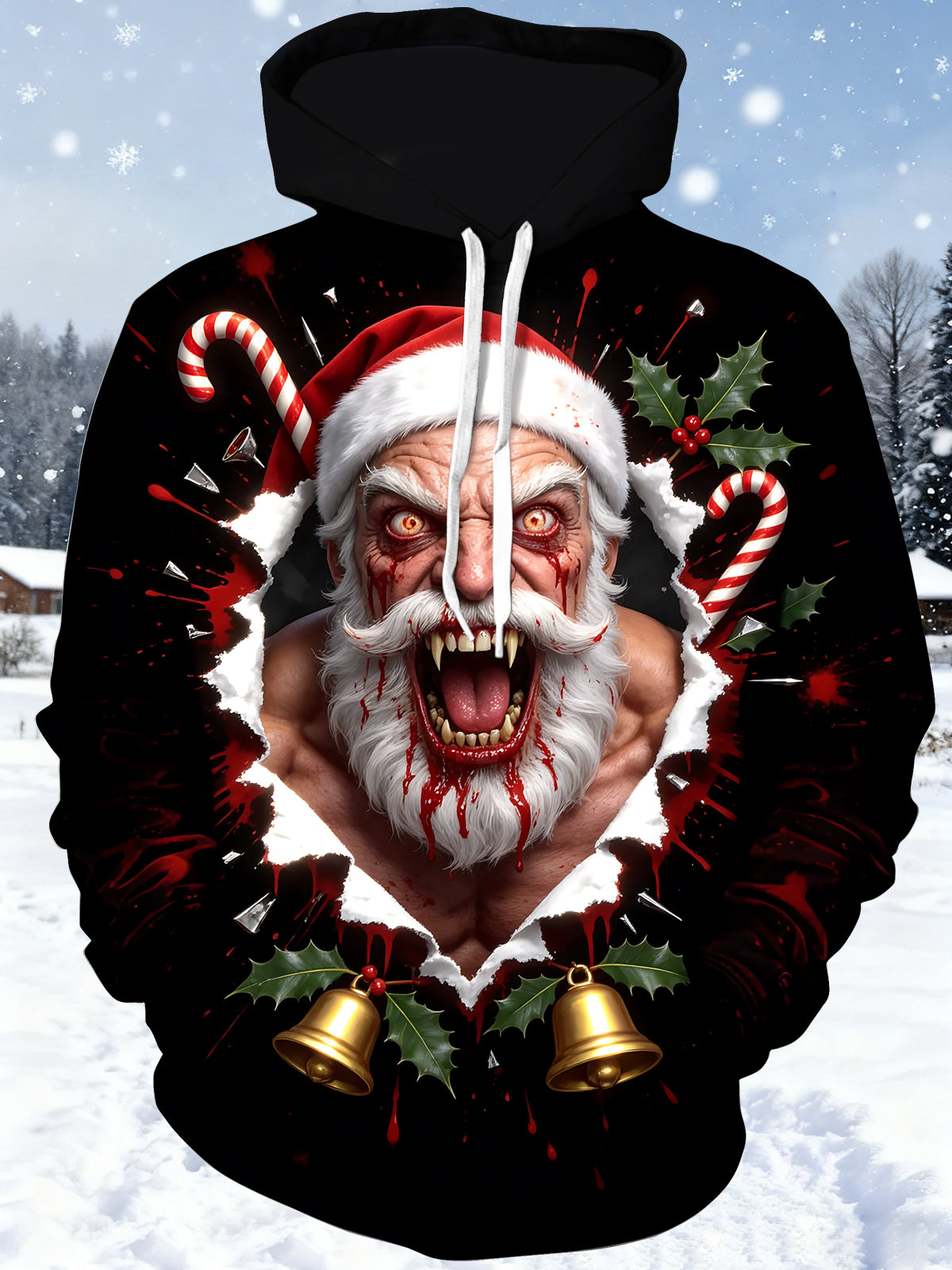 Oceanlyte Men's Evil Santa Claus With Fangs And Blood Print Long Sleeve Hoodie
