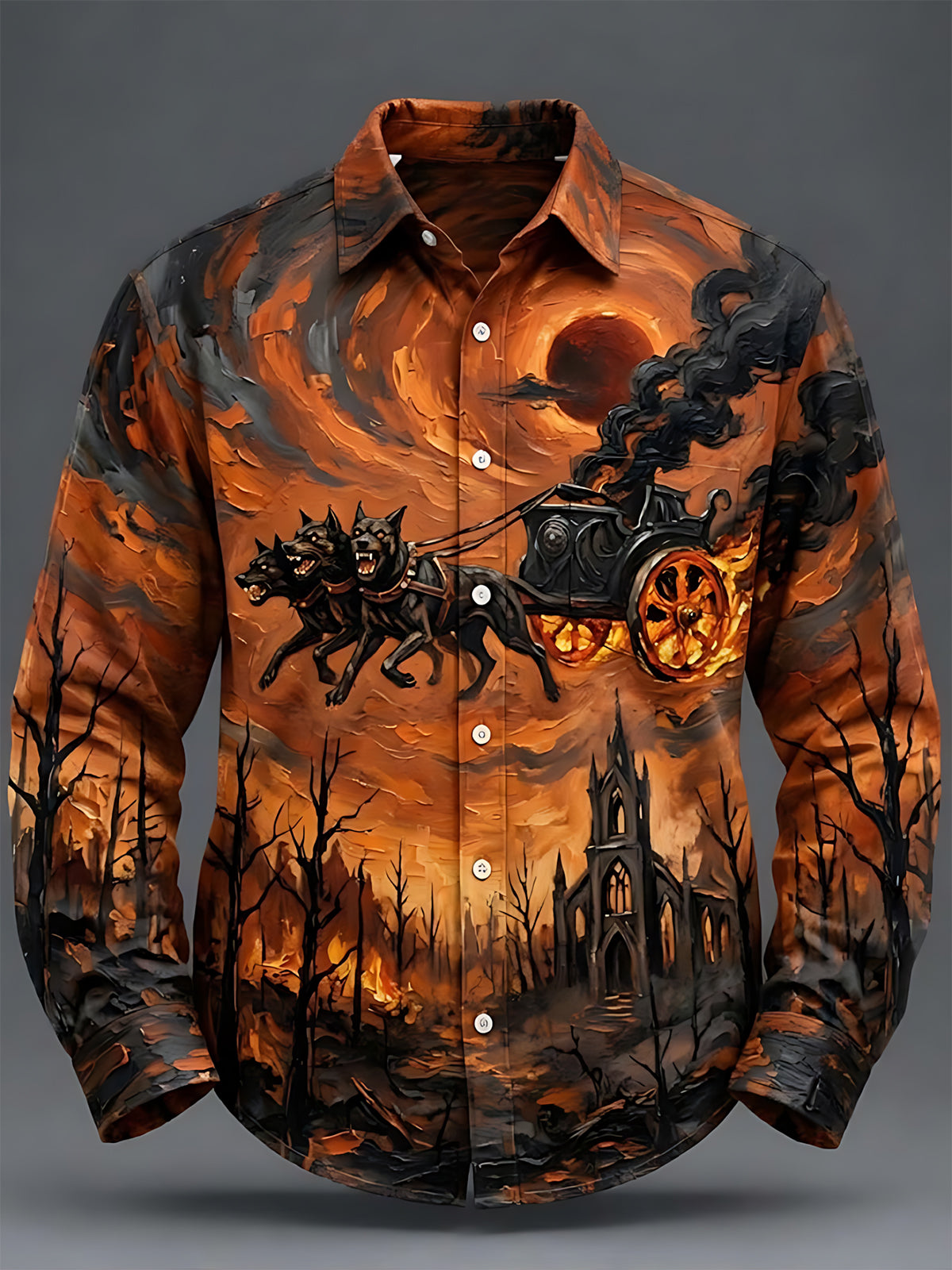 Oceanlyte Men's Three-headed Dog Pulling A Chariot Print Long Sleeve Shirt with Chest Pocket