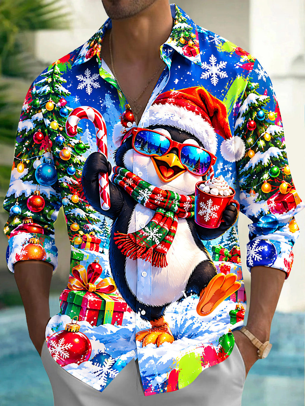 Oceanlyte Men's Long Sleeve Shirt - Christmas Penguin With Santa Hat And Sunglasses Print with Chest Pocket