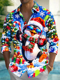 Oceanlyte Men's Long Sleeve Shirt - Christmas Penguin With Santa Hat And Sunglasses Print with Chest Pocket
