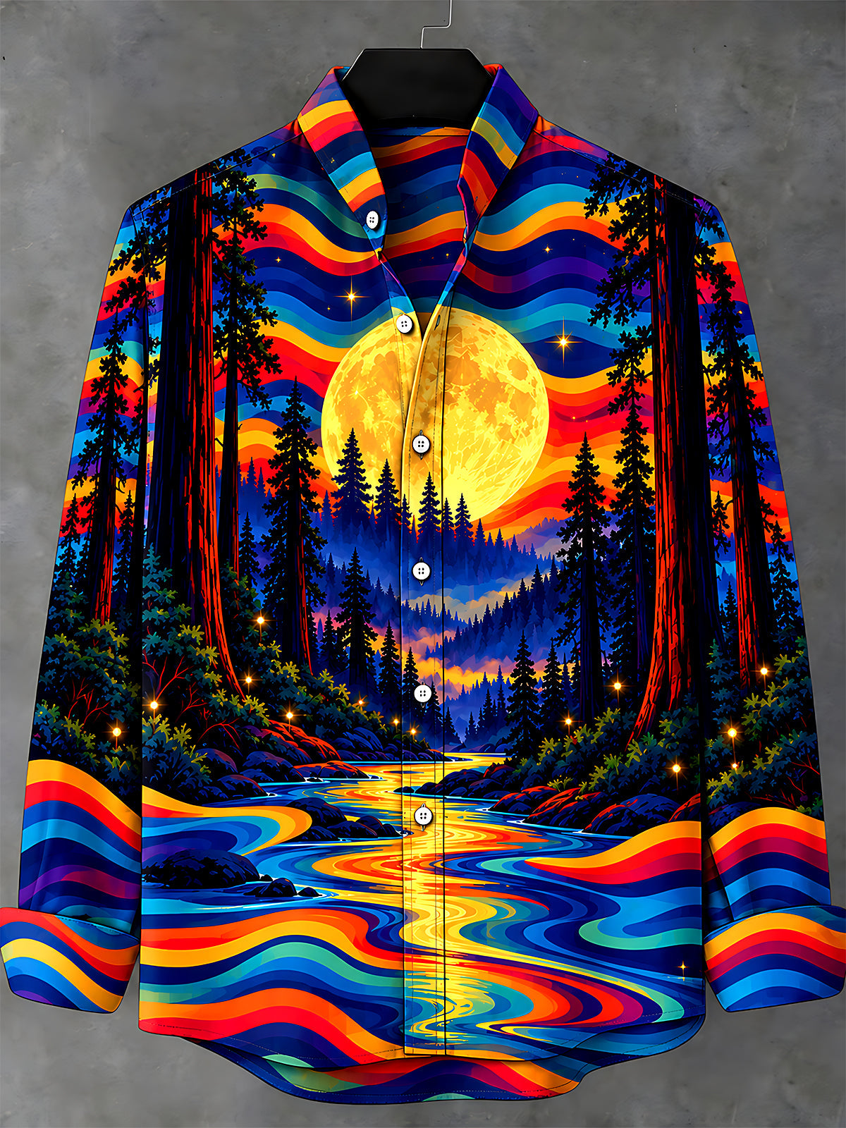Oceanlyte Men's Long Sleeve Stand Collar Shirt - Psychedelic Forest Landscape With Full Moon Print