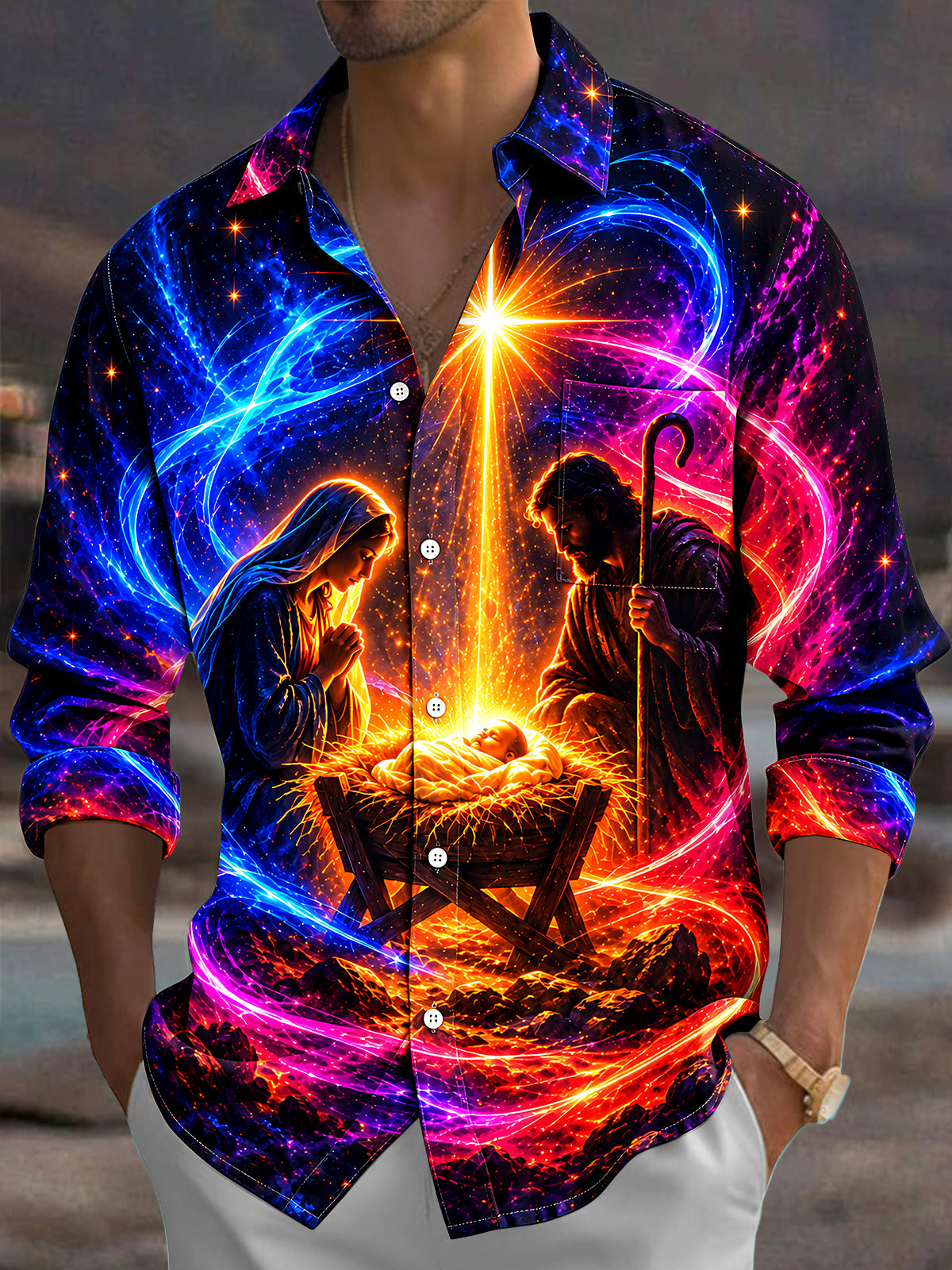 Oceanlyte Men's Long Sleeve Shirt - Nativity Scene With Mary Joseph And Baby Jesus Print with Chest Pocket