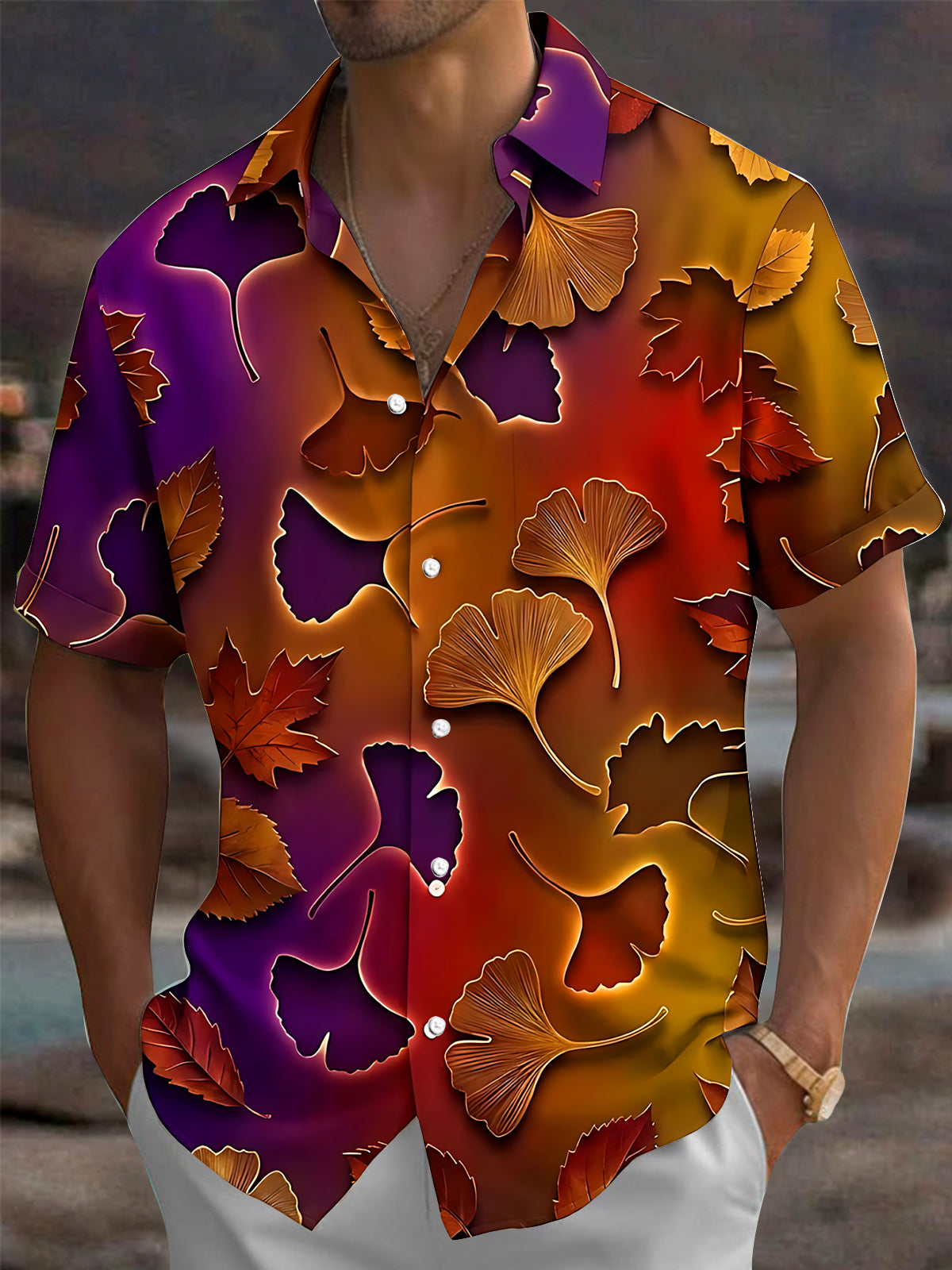 Oceanlyte Men's Hawaiian Autumn Ginkgo And Maple Leaves Print Short Sleeve Shirt with Chest Pocket