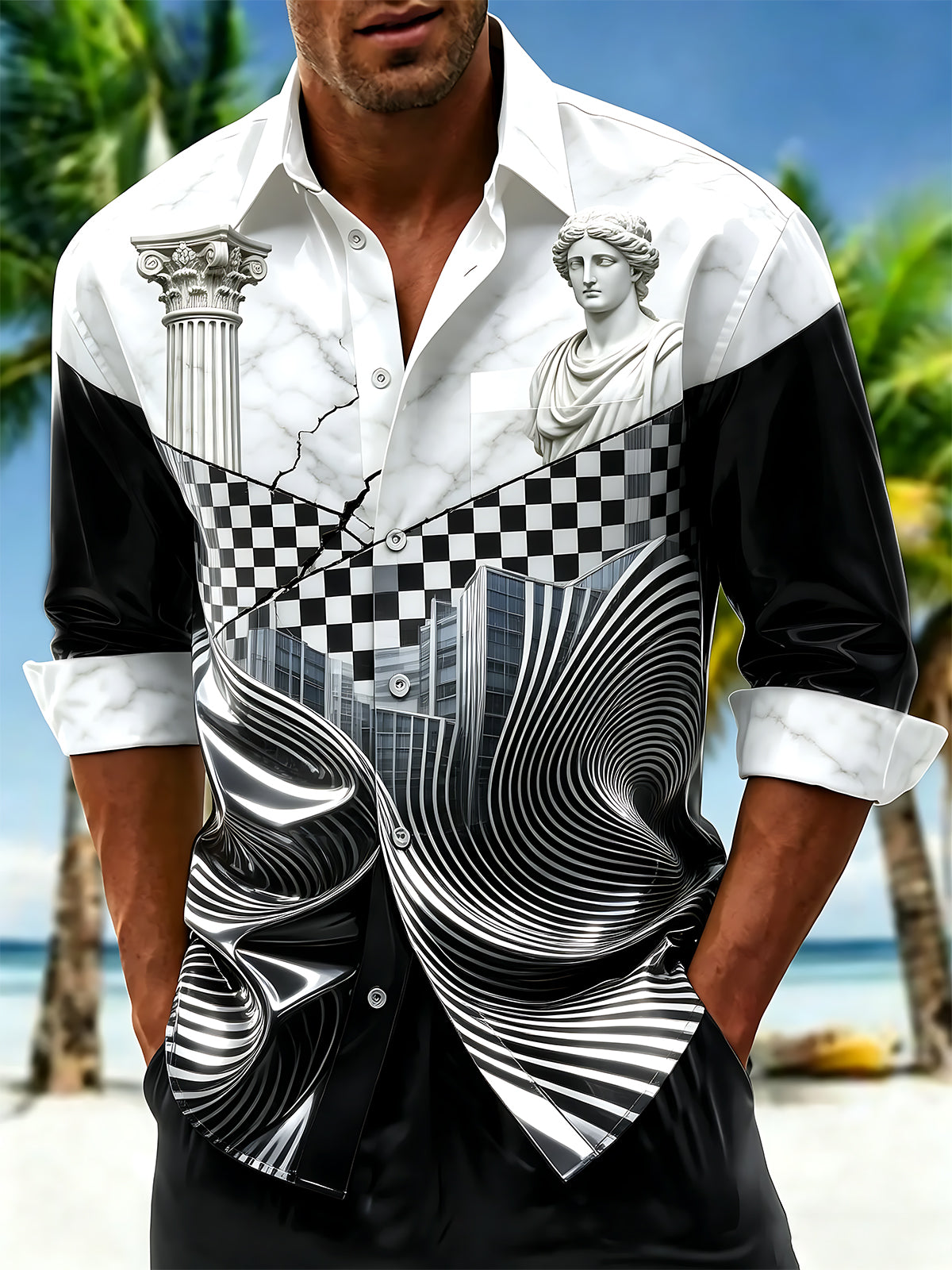 Oceanlyte Men's Long Sleeve Shirt - Abstract Geometric And Psychedelic Patterns With Classical Statue Print with Chest Pocket