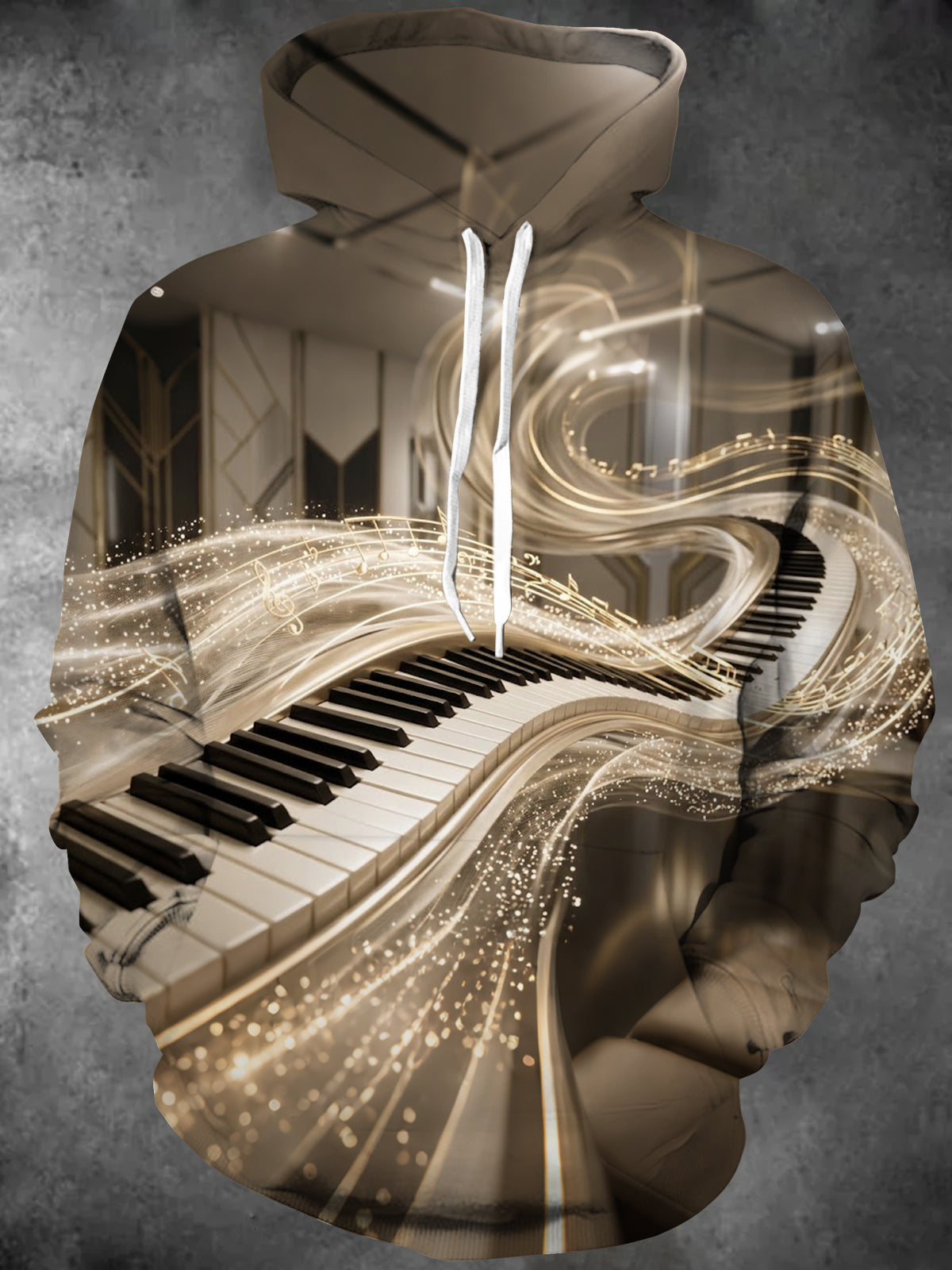 Oceanlyte Men's Long Sleeve Hoodie - Winding Piano Keyboard With Musical Notes And Sparkles Print