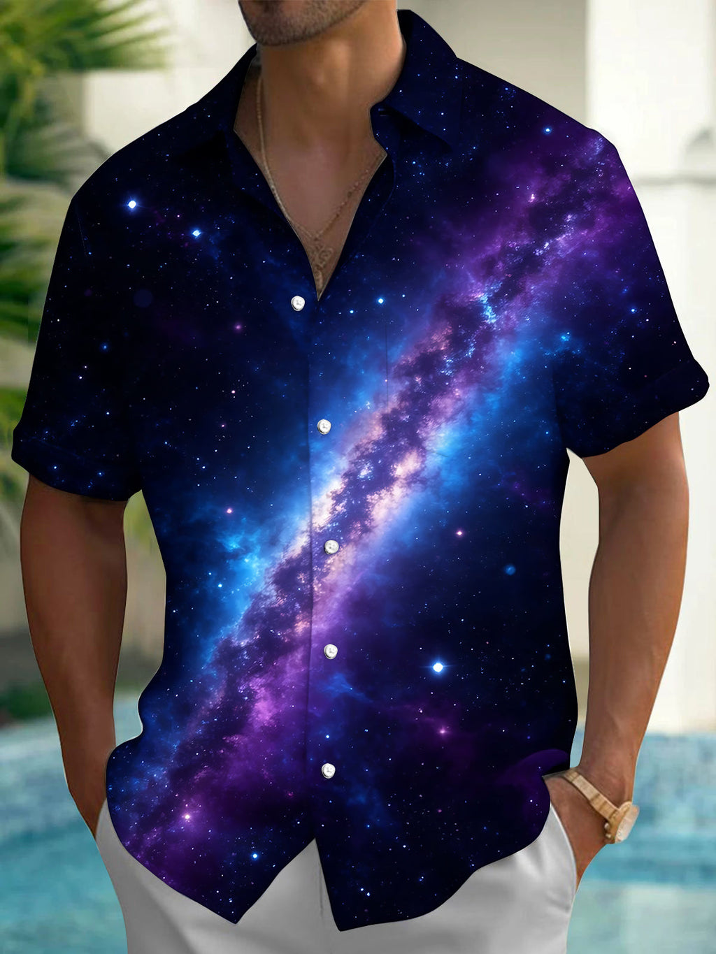 Oceanlyte Men's Hawaiian Galaxy Nebula And Stars Print Short Sleeve Shirt with Chest Pocket