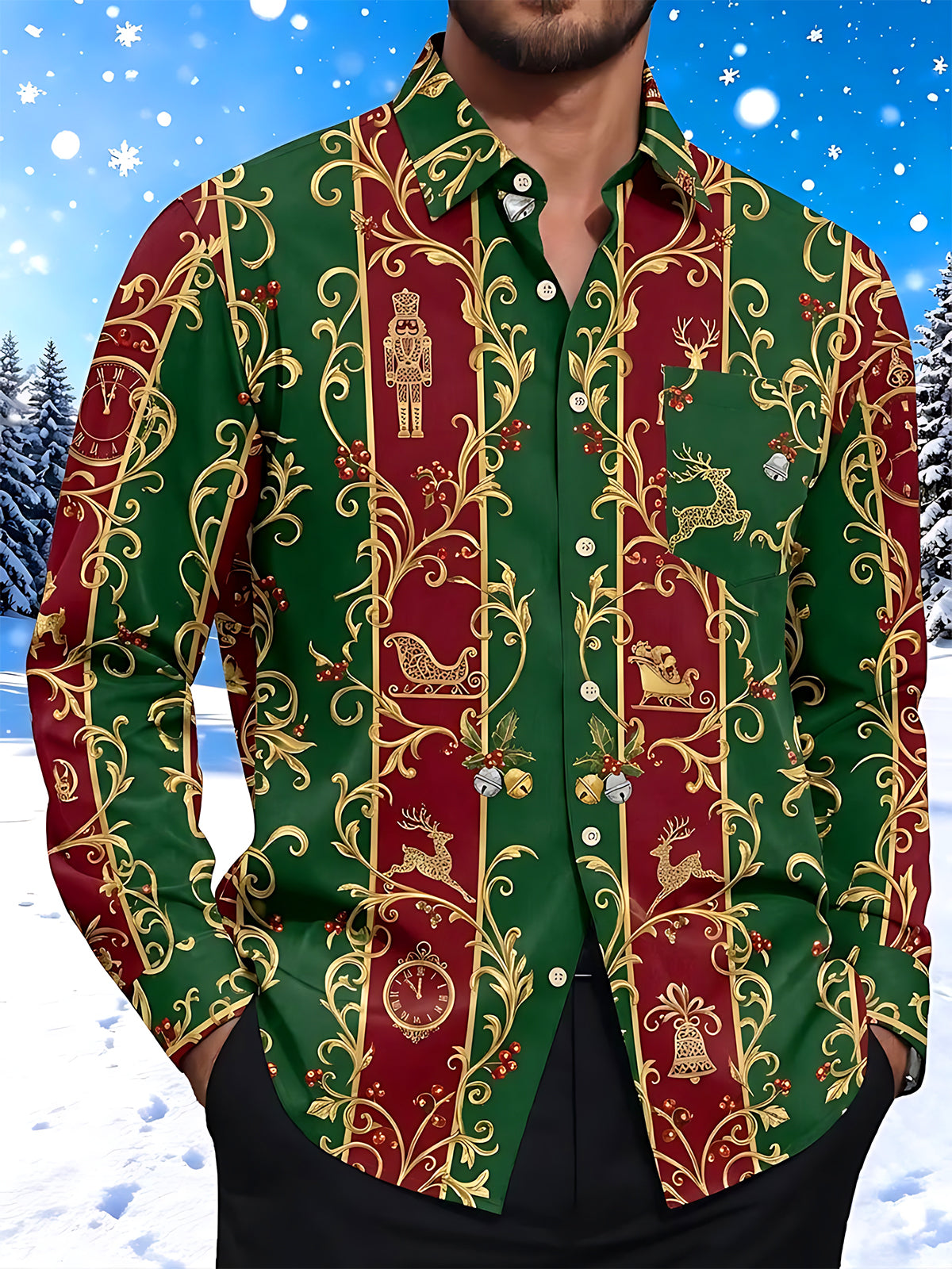 Oceanlyte Men's Long Sleeve Shirt - Christmas Nutcracker Reindeer Sleigh And Clock Motif Print with Chest Pocket