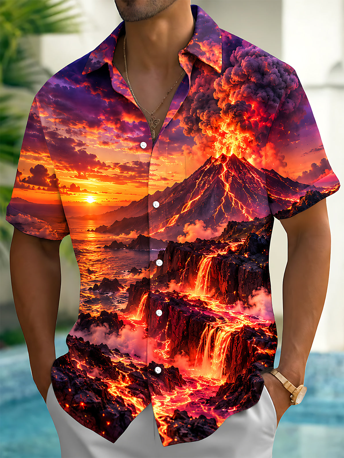 Oceanlyte Men's Volcano Eruption With Lava Flow Print Short Sleeve Shirt with Chest Pocket