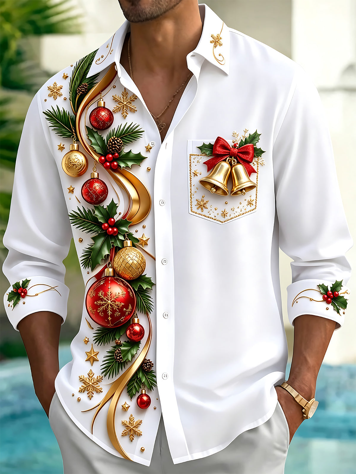 Oceanlyte Men's Printed Christmas Ornaments And Bells Print Long Sleeve Shirt with Chest Pocket