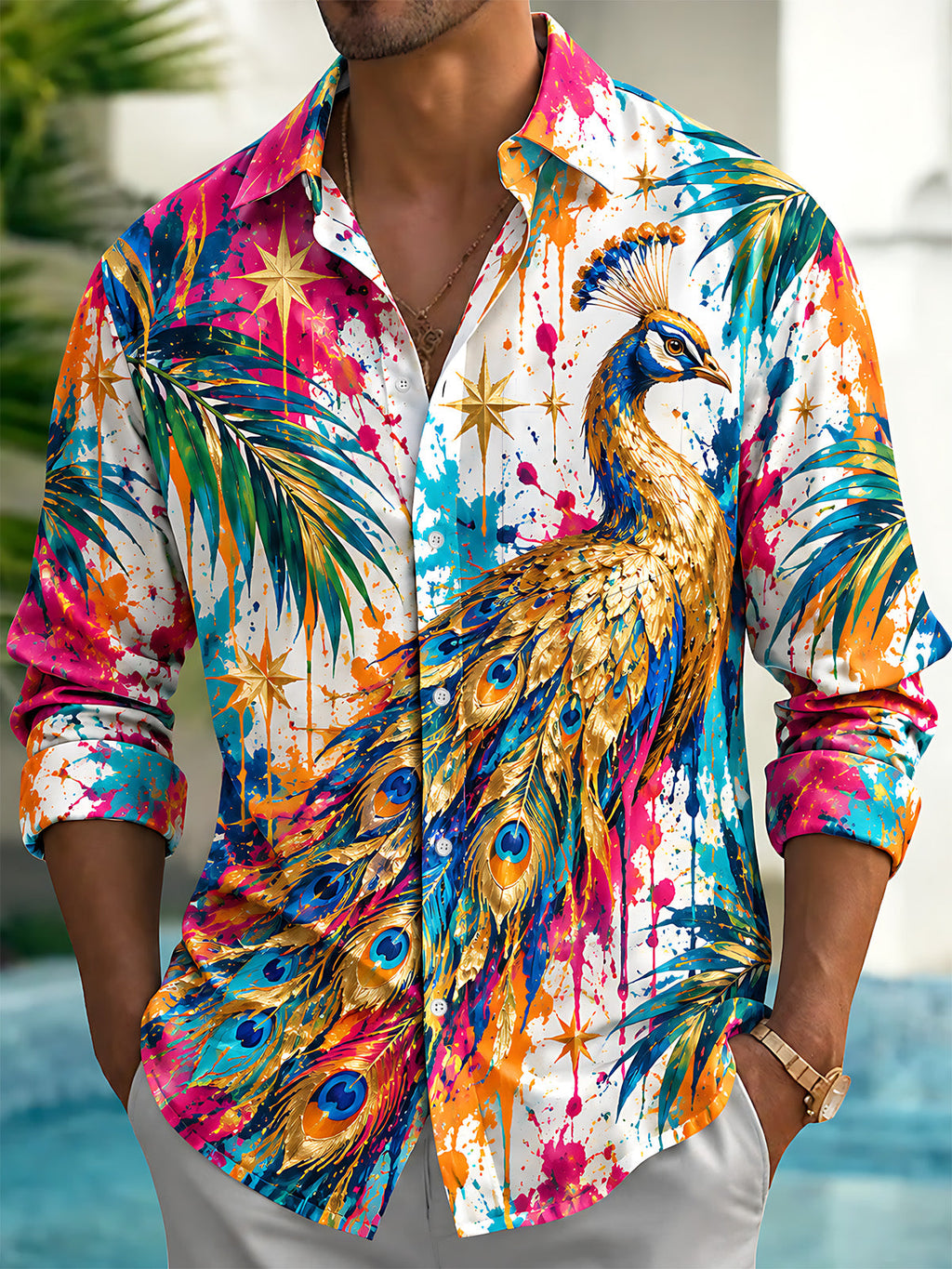 Oceanlyte Men's Hawaiian Peacock And Palm Leaves Print Long Sleeve Shirt with Chest Pocket
