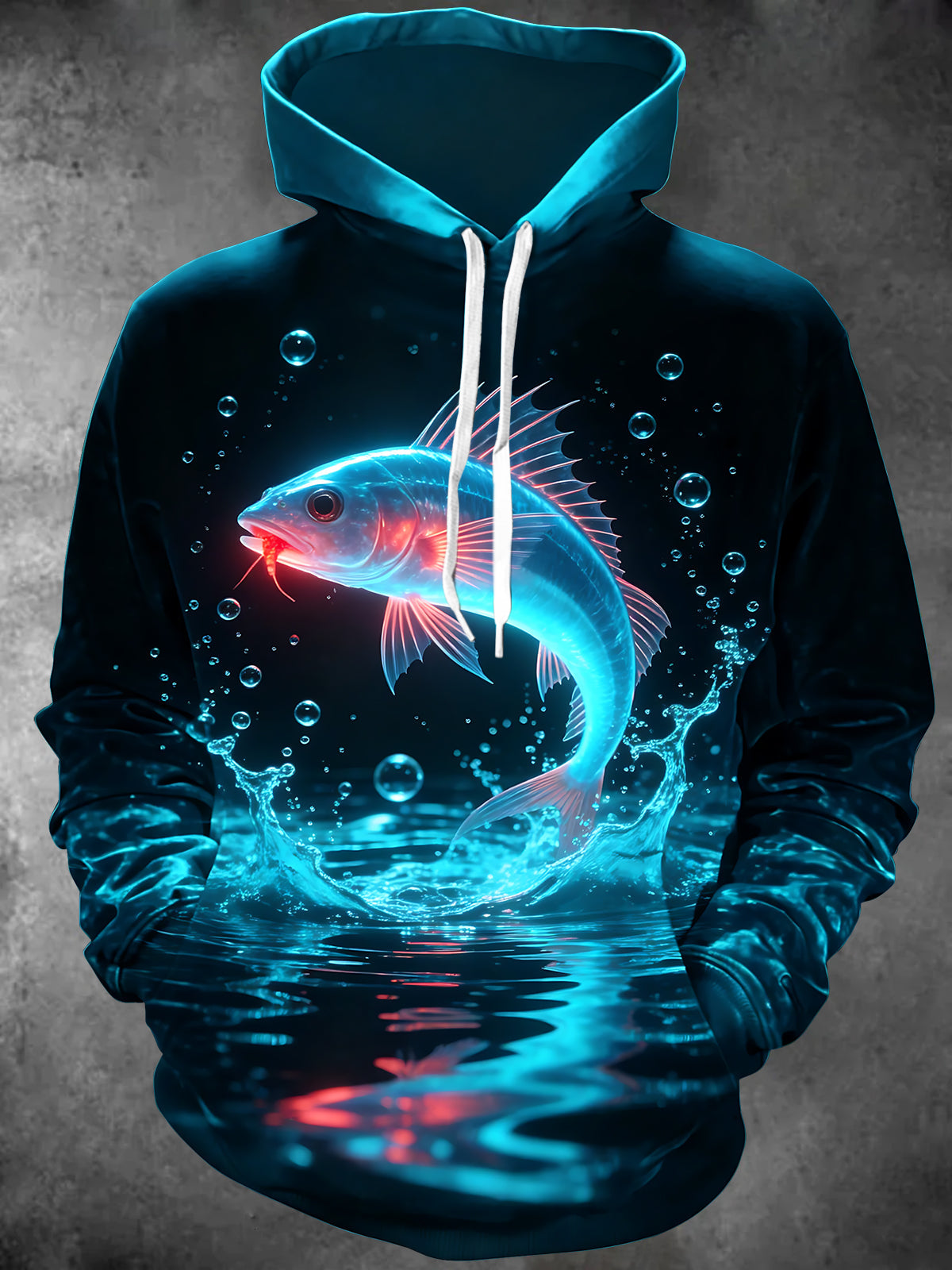 Oceanlyte Men's Graphic Neon Sea Fish And Water Splash Print Long Sleeve Hoodie