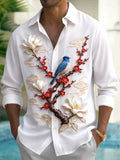 Oceanlyte Men's Long Sleeve Shirt - Blue Bird On Branch With Red Flowers And White Magnolias Print with Chest Pocket
