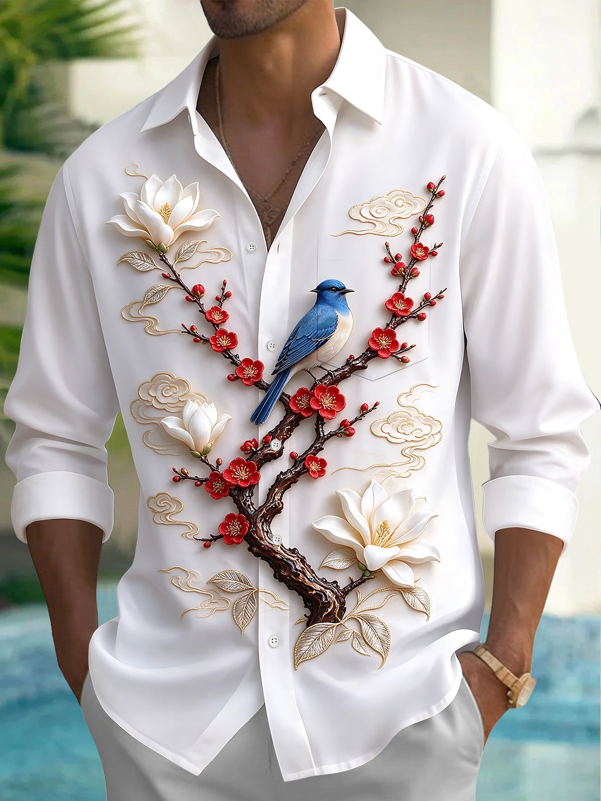 Oceanlyte Men's Long Sleeve Shirt - Blue Bird On Branch With Red Flowers And White Magnolias Print with Chest Pocket