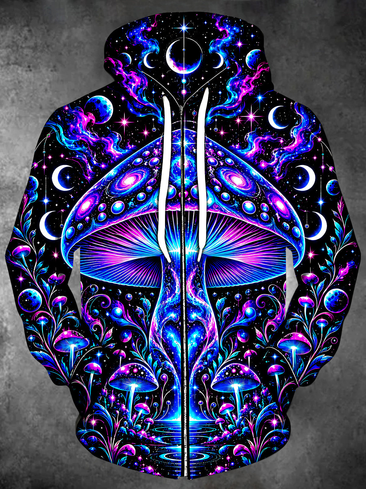 Oceanlyte Men's Long Sleeve Zip-Up Hoodie - Neon Psychedelic Mushrooms And Galaxy Print