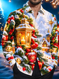 Oceanlyte Men's Printed Christmas Lantern Print Long Sleeve Shirt with Chest Pocket