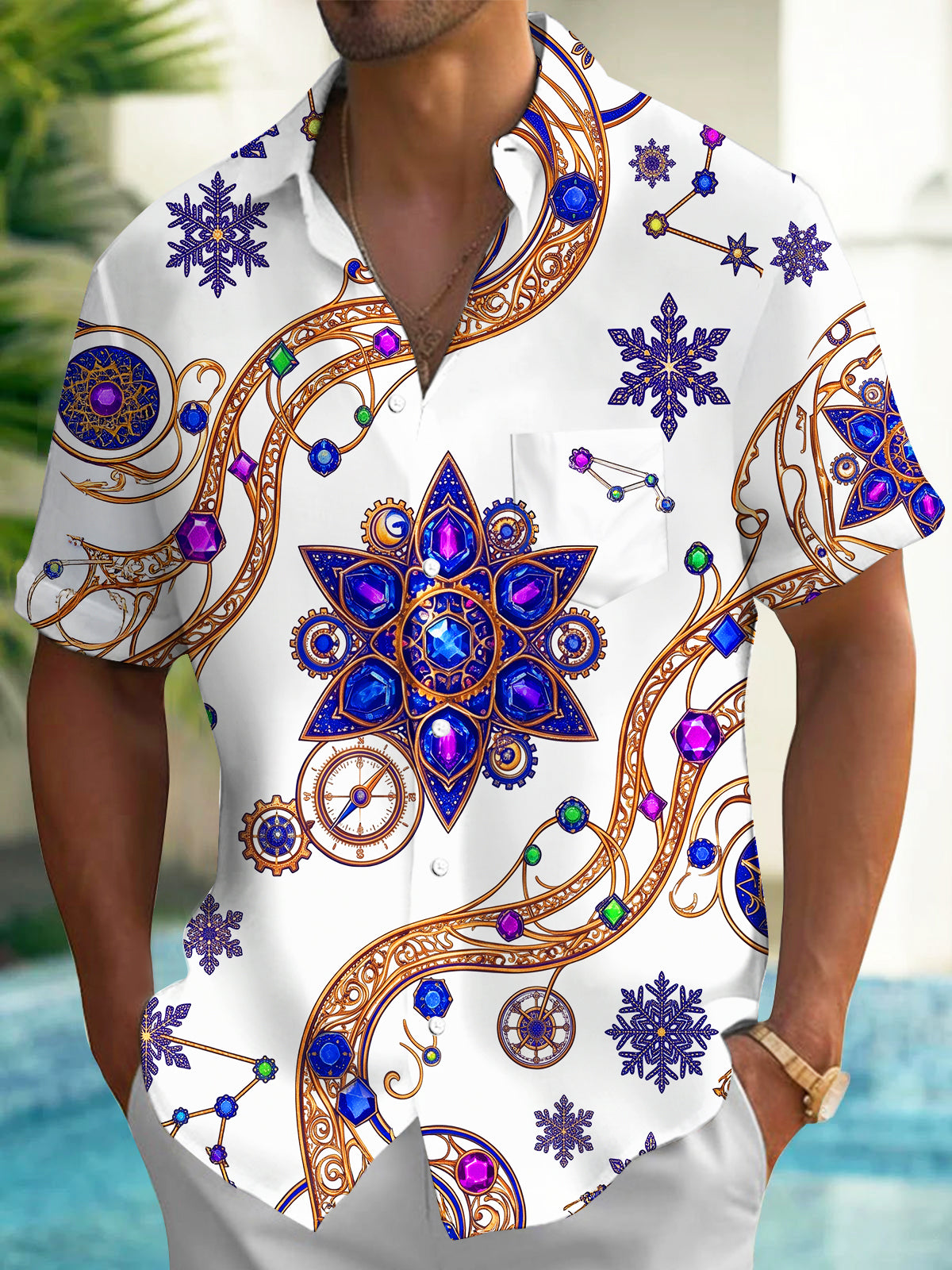 Oceanlyte Men's Printed Snowflakes And Constellations Print Short Sleeve Shirt with Chest Pocket