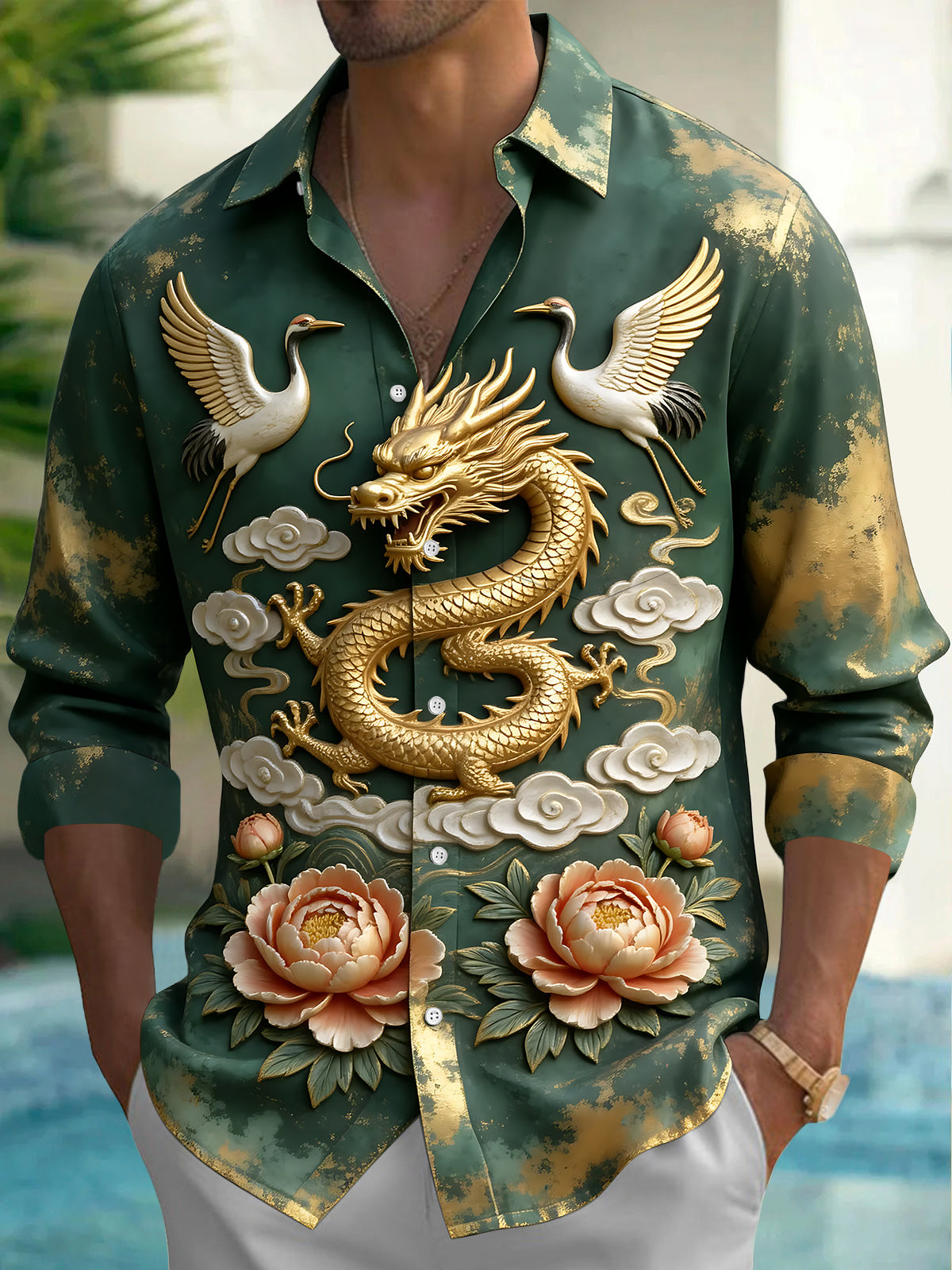 Oceanlyte Men's 3D Golden Dragon And Cranes Print Long Sleeve Shirt with Chest Pocket