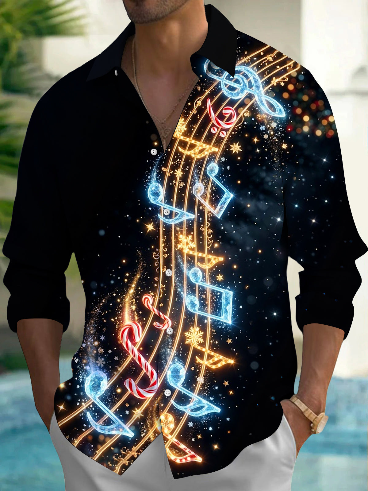 Oceanlyte Men's Christmas Music Notes And Candy Canes Print Long Sleeve Shirt with Chest Pocket