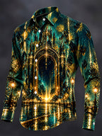 Oceanlyte Men's Gothic Castle Architecture And Night Sky Print Long Sleeve Shirt with Chest Pocket