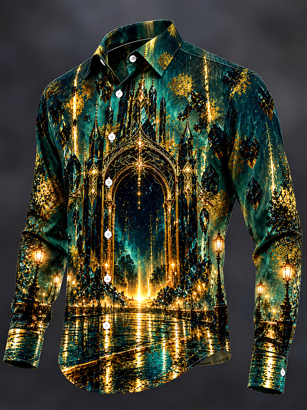 Oceanlyte Men's Gothic Castle Architecture And Night Sky Print Long Sleeve Shirt with Chest Pocket