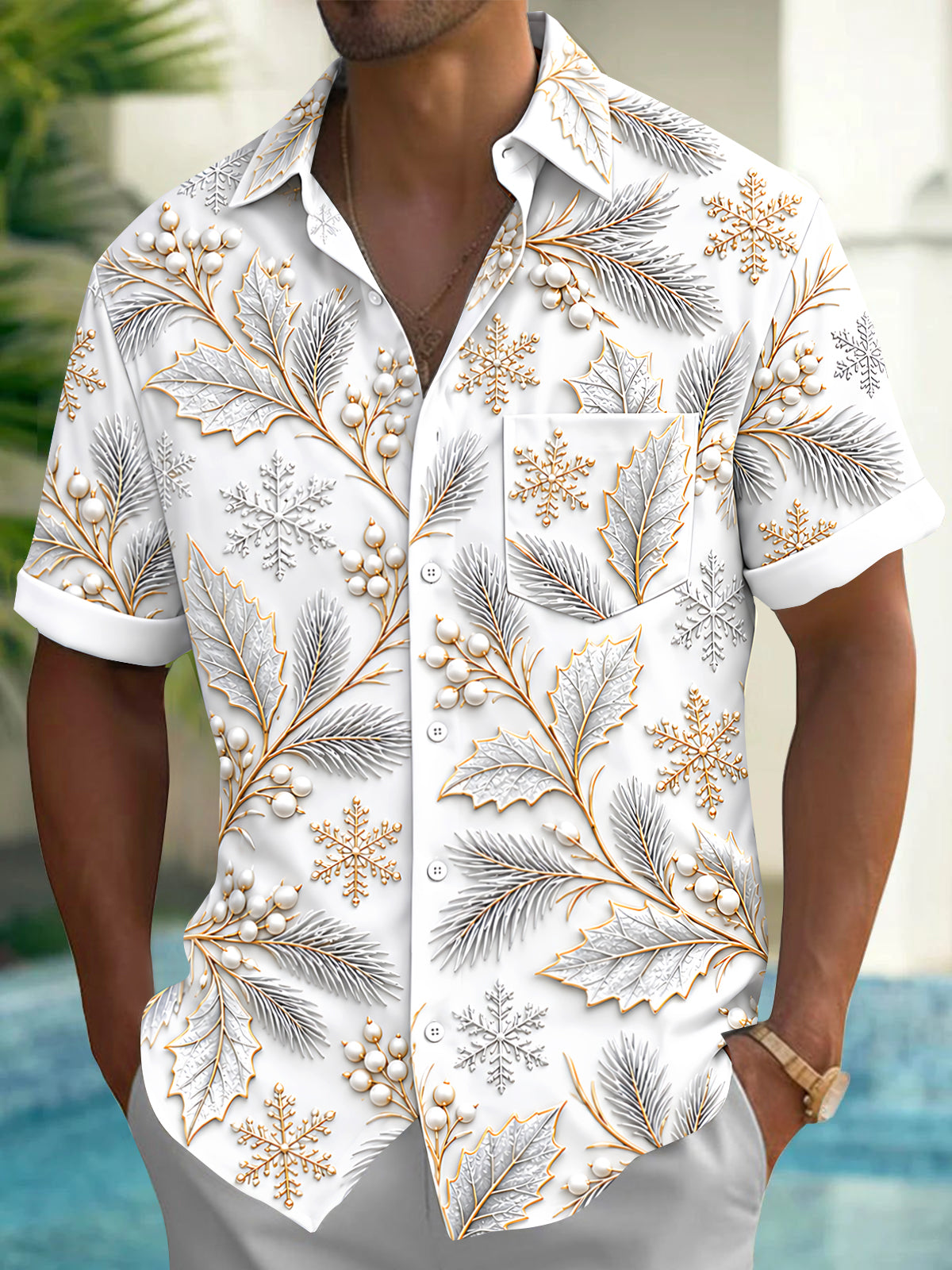 Oceanlyte Men's Winter Snowflakes And Winter Leaves Print Short Sleeve Shirt with Chest Pocket
