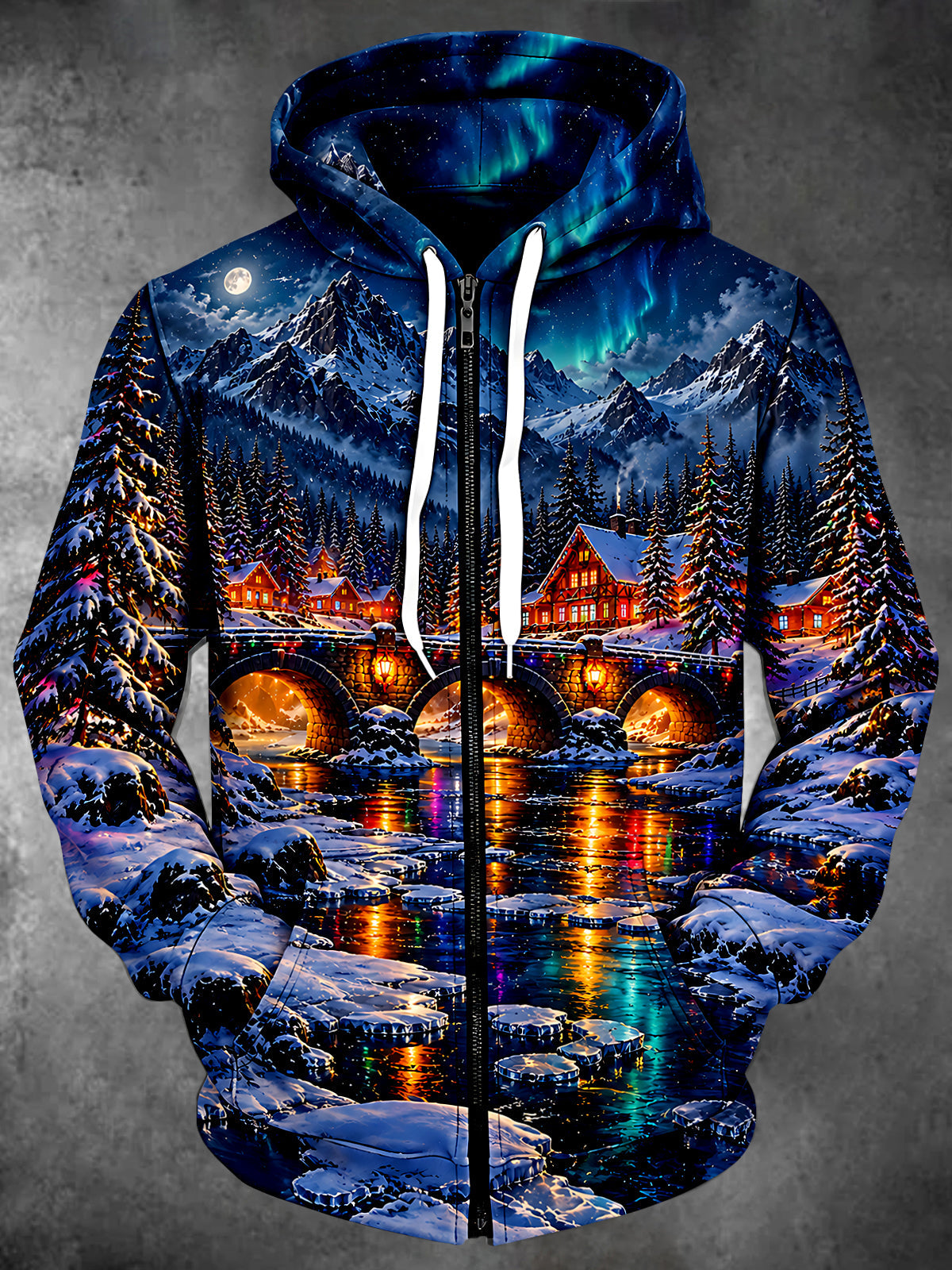Oceanlyte Men's Long Sleeve Zip-Up Hoodie - Winter Night Landscape With Aurora Borealis Print