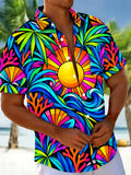 Oceanlyte Men's Hawaiian Sun Waves Coral Geometry Print Short Sleeve Shirt with Chest Pocket