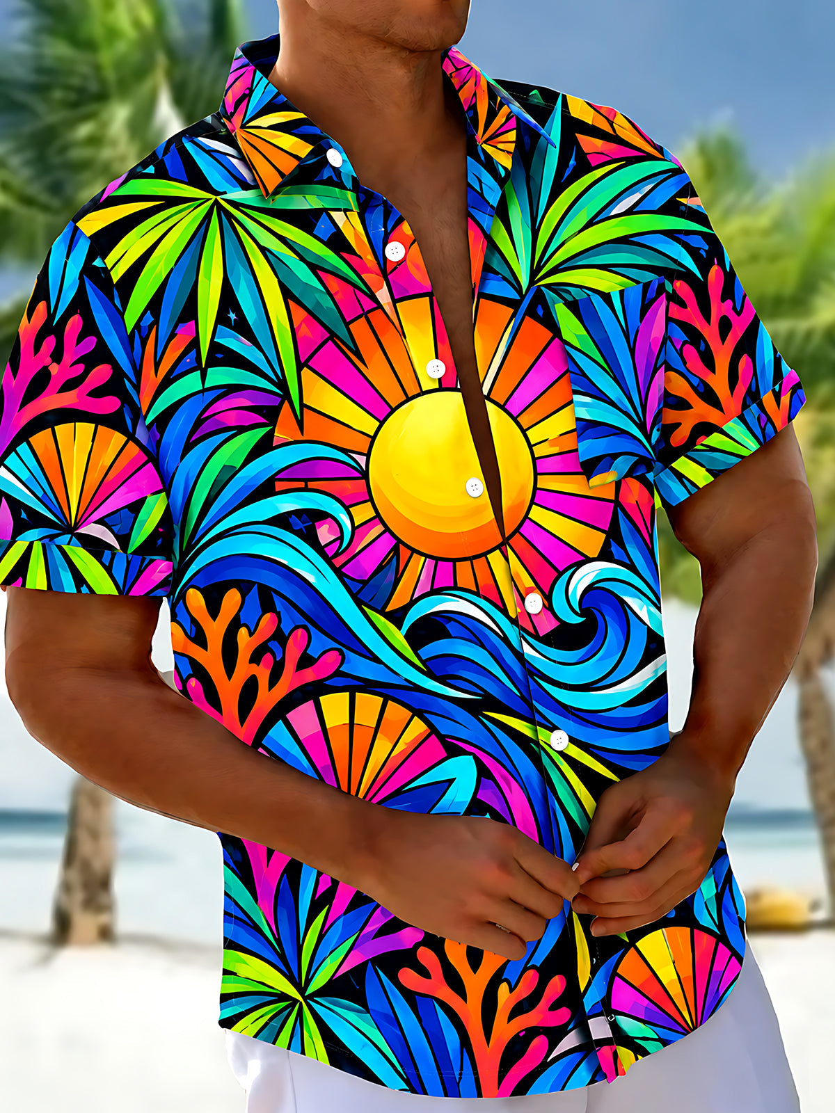 Oceanlyte Men's Hawaiian Sun Waves Coral Geometry Print Short Sleeve Shirt with Chest Pocket