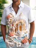 Oceanlyte Men's 3D Relief Seashell Undersea Temple Print Short Sleeve Shirt with Chest Pocket