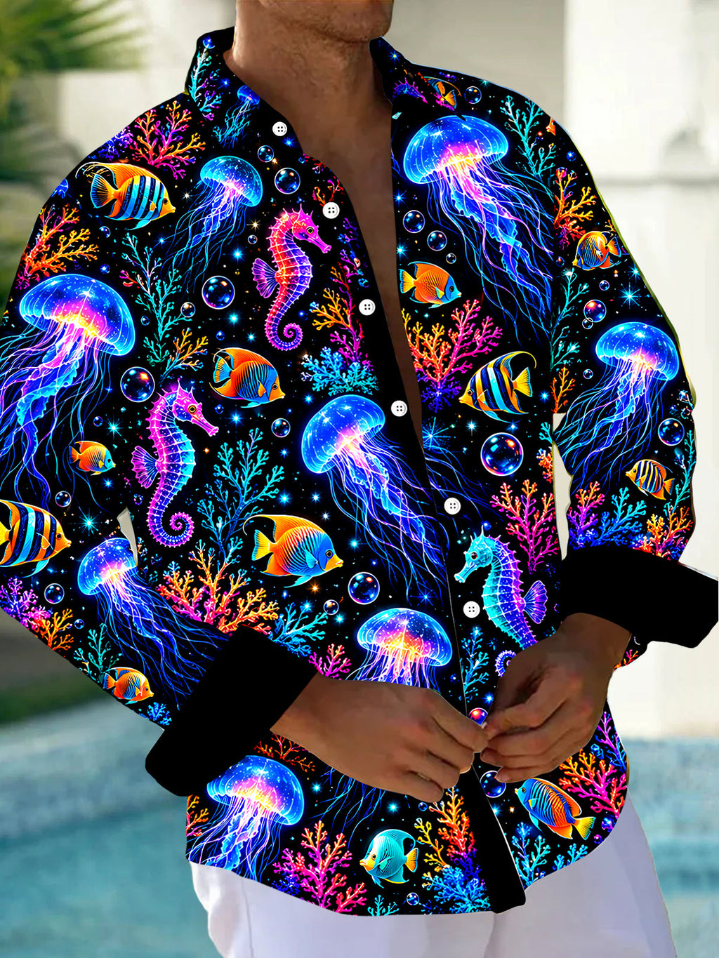Oceanlyte Men's Graphic Neon Jellyfish And Seahorse Print Long Sleeve Shirt with Chest Pocket