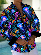 Oceanlyte Men's Graphic Neon Jellyfish And Seahorse Print Long Sleeve Shirt with Chest Pocket