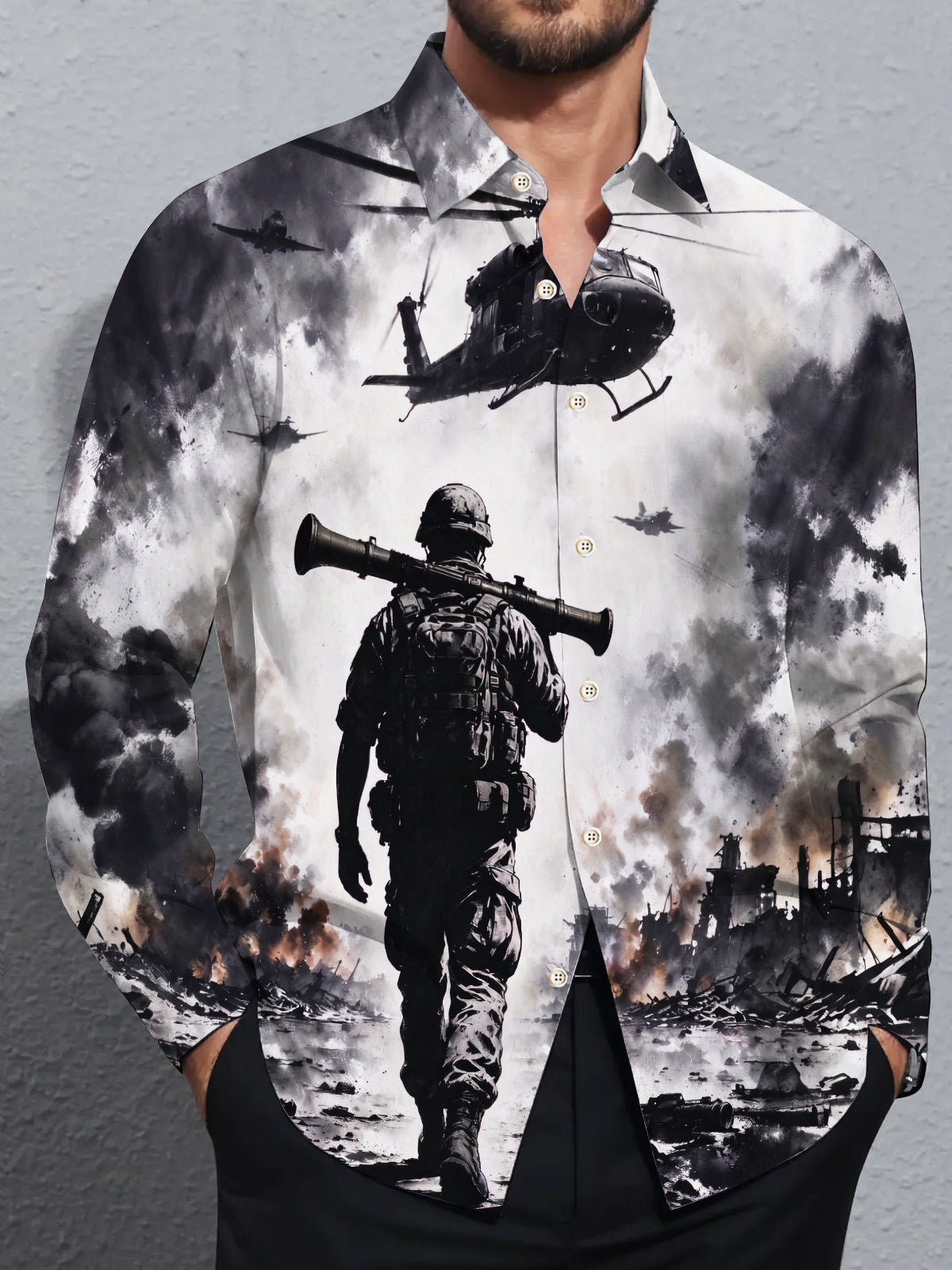 Oceanlyte Men's Long Sleeve Shirt - Soldier With Rocket Launcher And Helicopters In Warzone Print with Chest Pocket