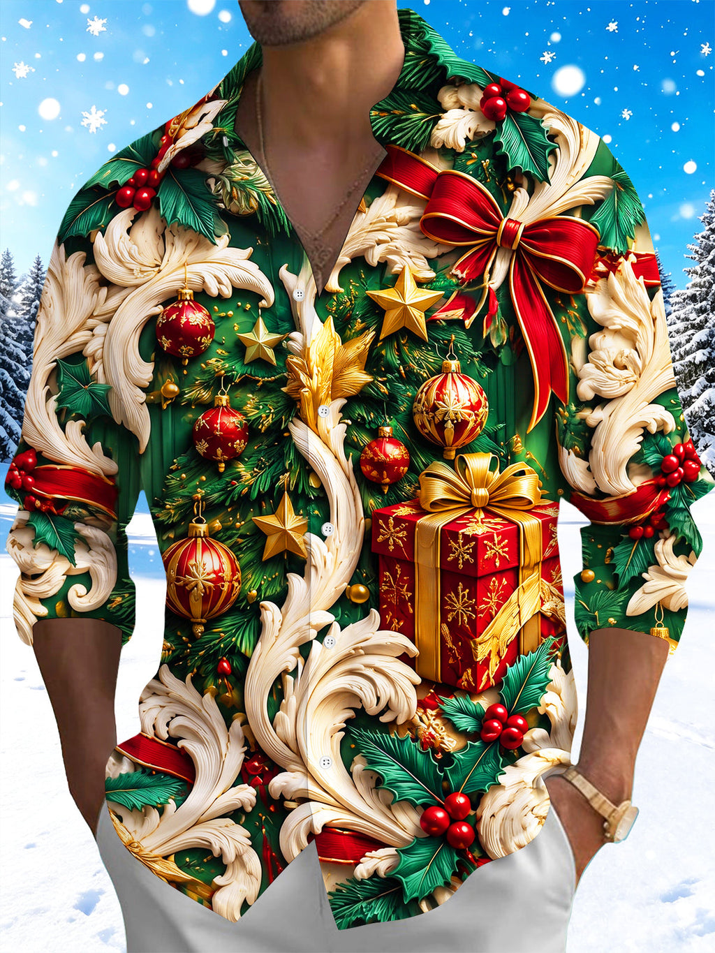 Oceanlyte Men's Long Sleeve Shirt - Christmas Ornaments Gifts And Baroque Scrollwork Print with Chest Pocket