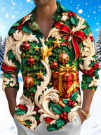 Oceanlyte Men's Long Sleeve Shirt - Christmas Ornaments Gifts And Baroque Scrollwork Print with Chest Pocket