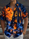 Oceanlyte Men's Halloween Gothic Castle And Bats Print Short Sleeve Shirt with Chest Pocket