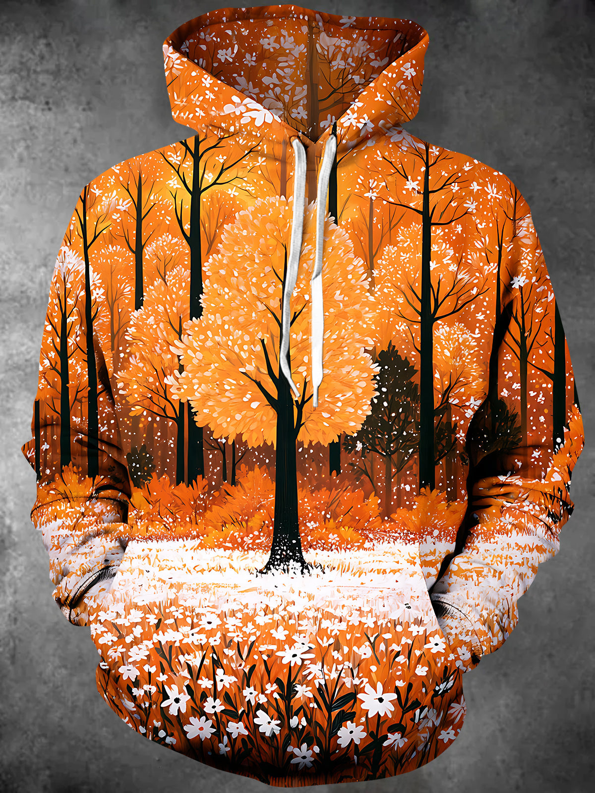 Oceanlyte Men's Autumn Forest Trees And White Flowers Print Long Sleeve Hoodie