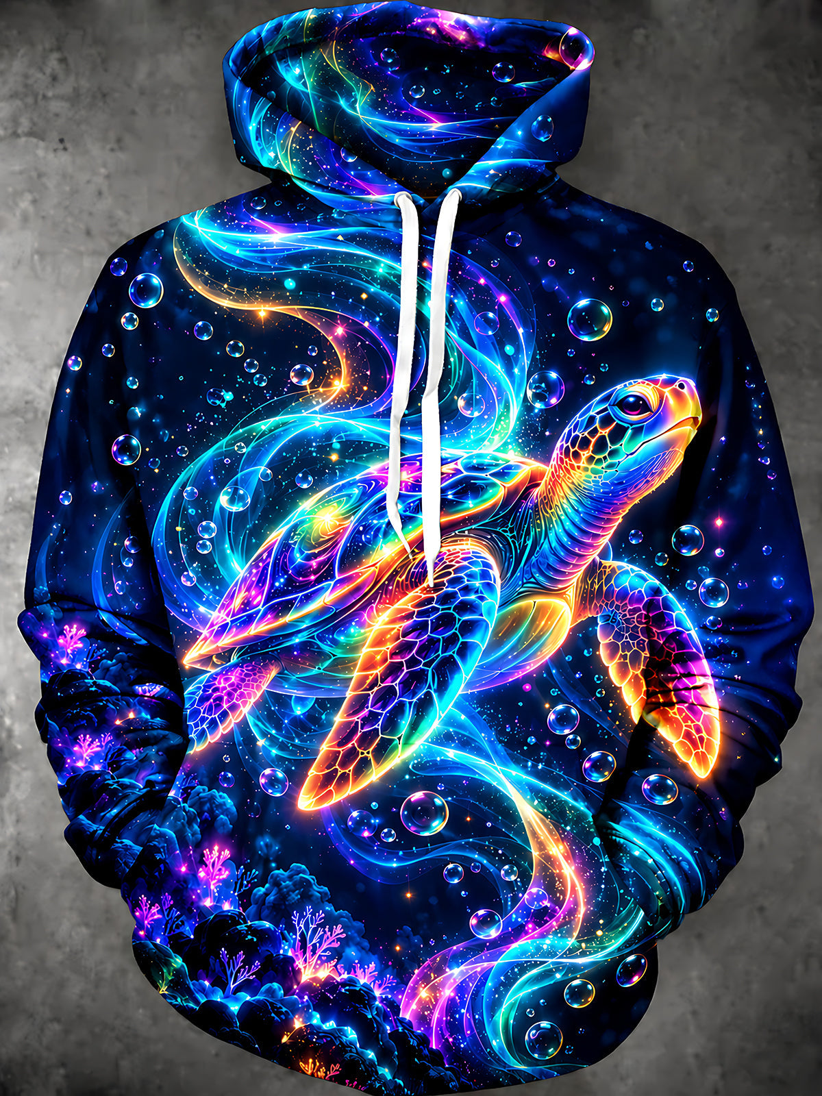 Oceanlyte Men's Graphic Neon Sea Turtle And Bubbles Print Long Sleeve Hoodie