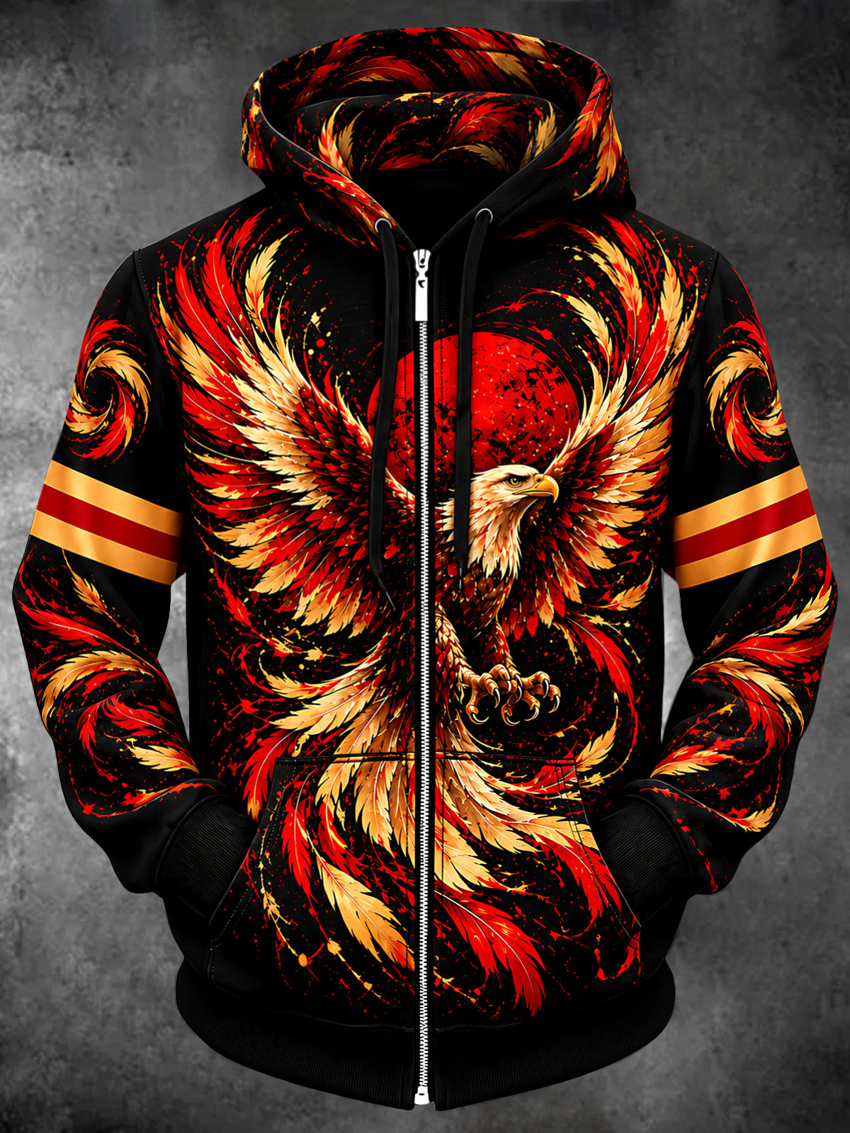 Oceanlyte Men's Flaming Eagle With Feathers Print Long Sleeve Zip-Up Hoodie