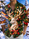 Oceanlyte Men's Long Sleeve Shirt - Golden White Deer And Christmas Ornaments Print with Chest Pocket