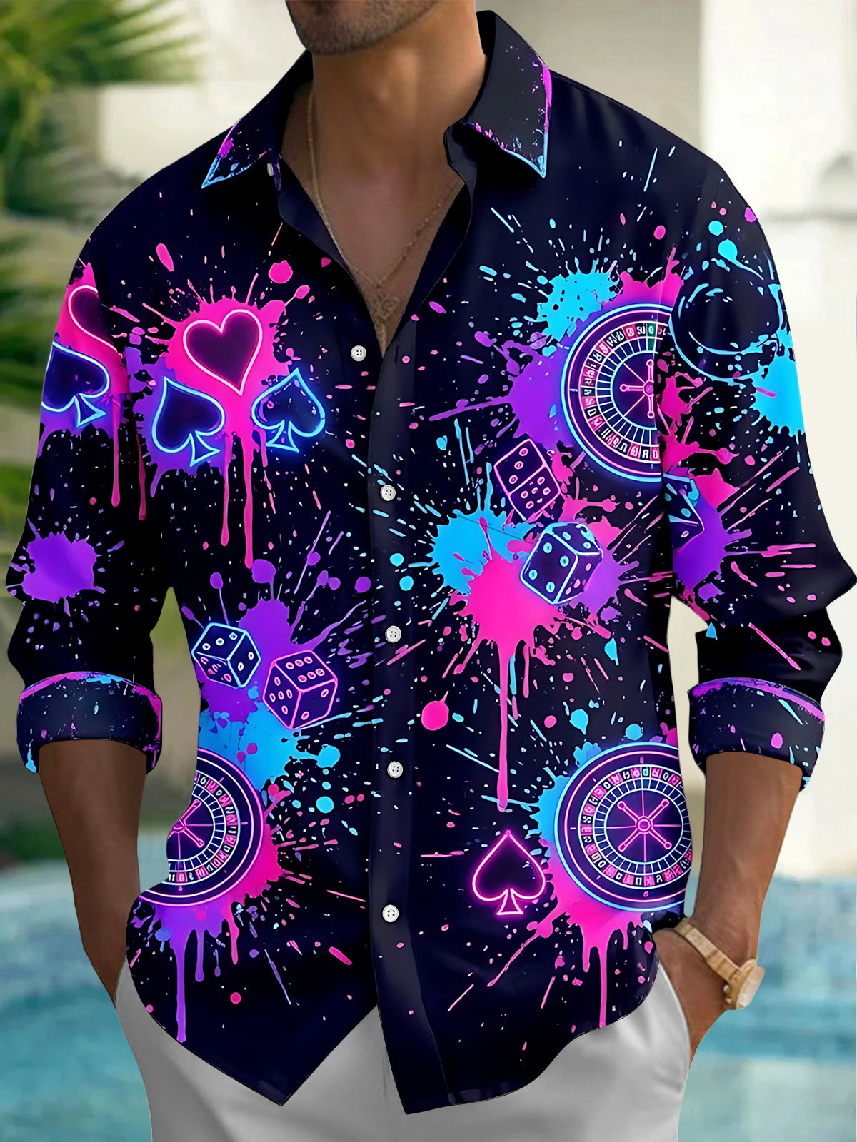 Oceanlyte Men's Neon Casino Elements With Splash Ink Print Long Sleeve Shirt with Chest Pocket