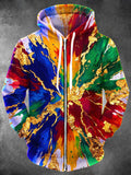 Oceanlyte Men's Long Sleeve Zip-Up Hoodie - Colorful Splash Abstract Art With Gold Foil Print