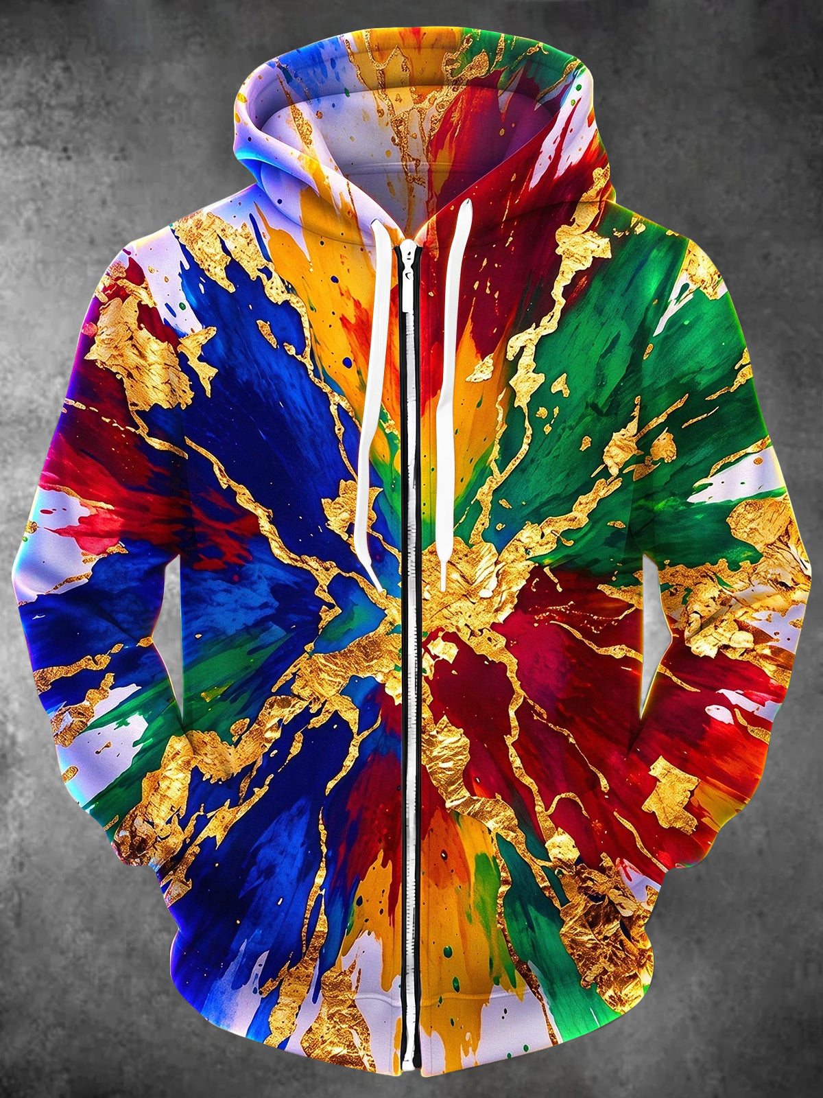 Oceanlyte Men's Long Sleeve Zip-Up Hoodie - Colorful Splash Abstract Art With Gold Foil Print